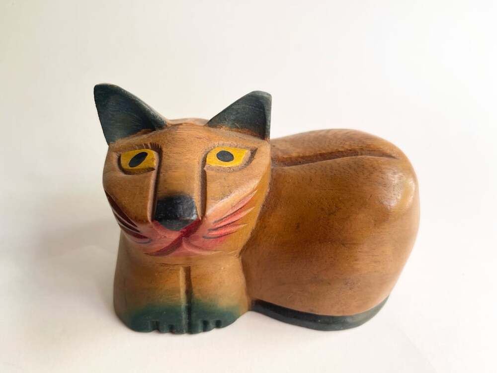 Vintage Hand Carved Wooden Cat Figurine Folk Art Shelf Sitter